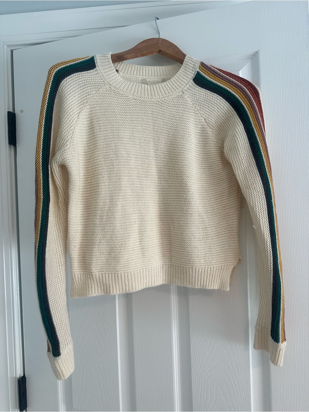 Altar'd State Cream Crew Sweater with Green, Yellow & Rust Stripe Sleeves, XS
